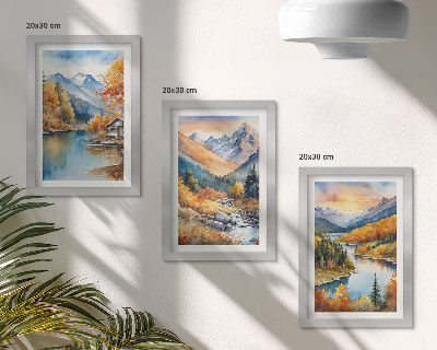 Tríptico com moldura Paisagem montanhosa com um rio e árvores de outono.