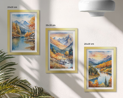 Tríptico com moldura Paisagem montanhosa com um rio e árvores de outono.