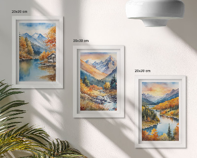 Tríptico com moldura Paisagem montanhosa com um rio e árvores de outono.