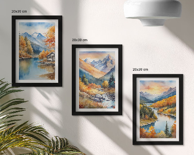 Tríptico com moldura Paisagem montanhosa com um rio e árvores de outono.