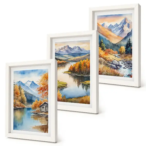 Conjunto de 3 quadros decorativos paisagem de montanhas com rio e árvores de outono