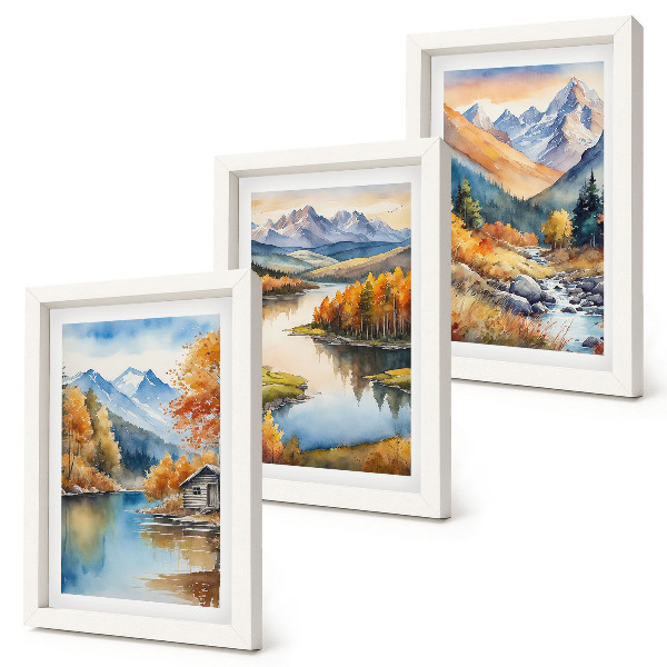 Conjunto de 3 quadros decorativos Vista para as montanhas com rio e árvores de outono.