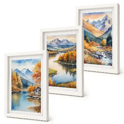 Conjunto de 3 quadros decorativos paisagem de montanhas com rio e árvores de outono
