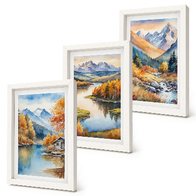 Conjunto de 3 quadros decorativos Vista para as montanhas com rio e árvores de outono.