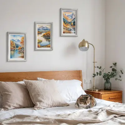 Conjunto de 3 quadros decorativos paisagem de montanhas com rio e árvores de outono