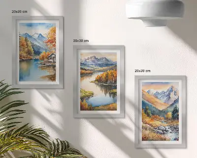 Conjunto de 3 quadros decorativos paisagem de montanhas com rio e árvores de outono