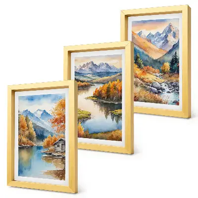Conjunto de 3 quadros decorativos paisagem de montanhas com rio e árvores de outono