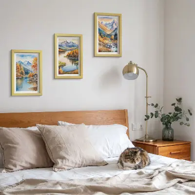 Conjunto de 3 quadros decorativos paisagem de montanhas com rio e árvores de outono