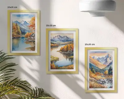 Conjunto de 3 quadros decorativos paisagem de montanhas com rio e árvores de outono