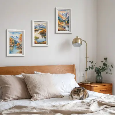 Conjunto de 3 quadros decorativos paisagem de montanhas com rio e árvores de outono