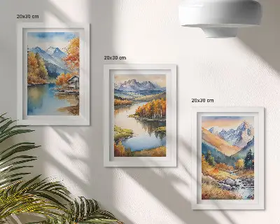Conjunto de 3 quadros decorativos paisagem de montanhas com rio e árvores de outono