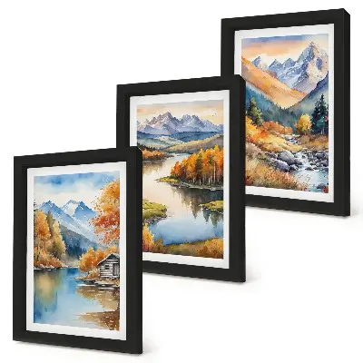 Conjunto de 3 quadros decorativos paisagem de montanhas com rio e árvores de outono