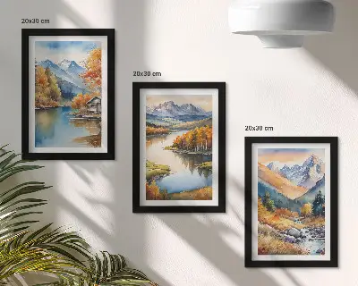 Conjunto de 3 quadros decorativos paisagem de montanhas com rio e árvores de outono