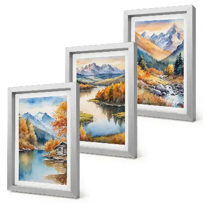 Conjunto de 3 quadros decorativos paisagem de montanhas com rio e árvores de outono