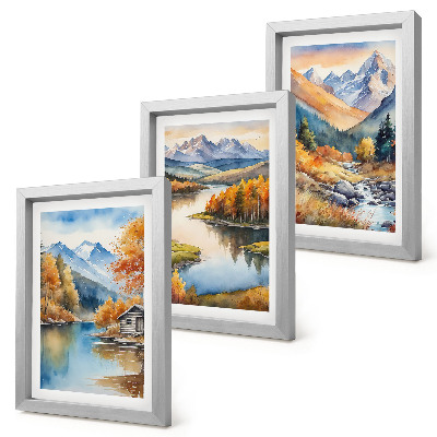 Conjunto de 3 quadros decorativos Vista para as montanhas com rio e árvores de outono.