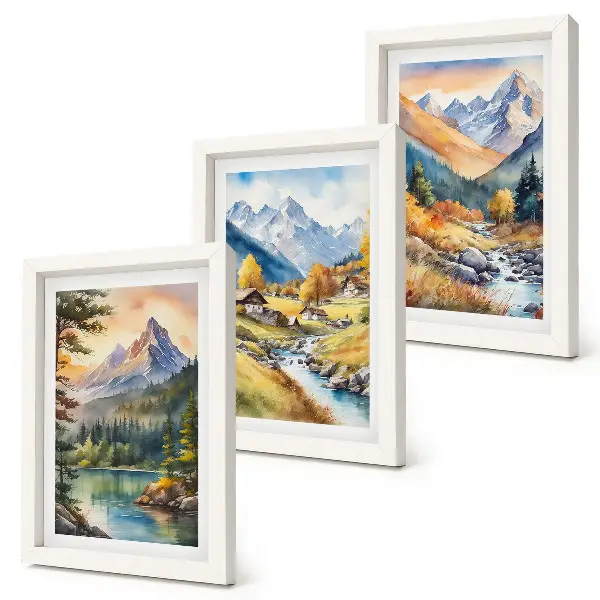 Conjunto de molduras com imagens paisagem montanhosa com um rio e chalés em tons outonais