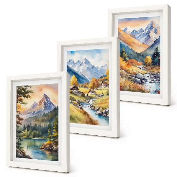Conjunto de molduras com imagens Uma paisagem montanhosa com um rio e chalés em tons outonais.