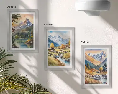 Conjunto de molduras com imagens paisagem montanhosa com um rio e chalés em tons outonais