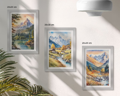 Conjunto de molduras com imagens Uma paisagem montanhosa com um rio e chalés em tons outonais.