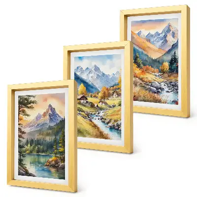Conjunto de molduras com imagens paisagem montanhosa com um rio e chalés em tons outonais