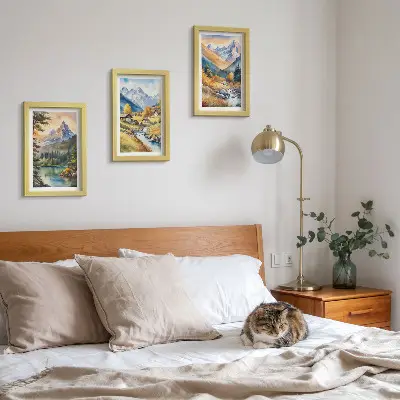 Conjunto de molduras com imagens paisagem montanhosa com um rio e chalés em tons outonais