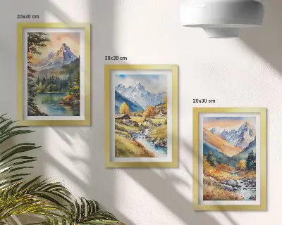Conjunto de molduras com imagens paisagem montanhosa com um rio e chalés em tons outonais