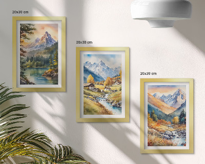 Conjunto de molduras com imagens Uma paisagem montanhosa com um rio e chalés em tons outonais.