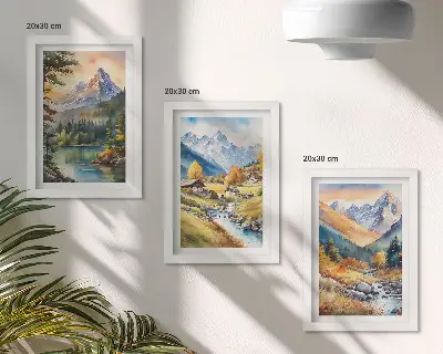Conjunto de molduras com imagens paisagem montanhosa com um rio e chalés em tons outonais