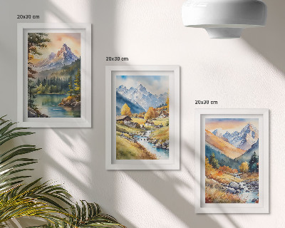 Conjunto de molduras com imagens Uma paisagem montanhosa com um rio e chalés em tons outonais.