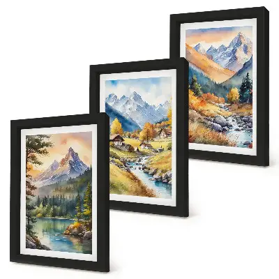 Conjunto de molduras com imagens paisagem montanhosa com um rio e chalés em tons outonais