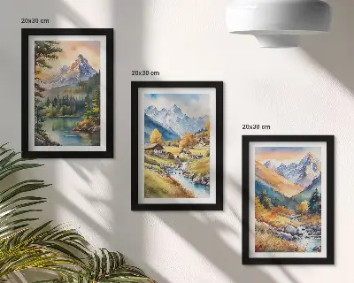 Conjunto de molduras com imagens paisagem montanhosa com um rio e chalés em tons outonais