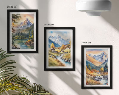 Conjunto de molduras com imagens Uma paisagem montanhosa com um rio e chalés em tons outonais.