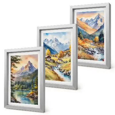 Conjunto de molduras com imagens paisagem montanhosa com um rio e chalés em tons outonais