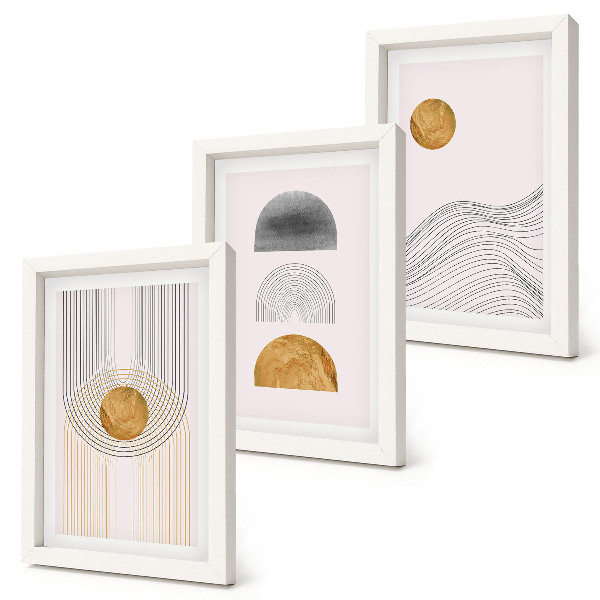 Tríptico com moldura Formas e linhas abstratas em tons de bege e cinza.