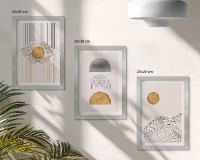 Tríptico com moldura Formas e linhas abstratas em tons de bege e cinza.