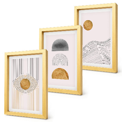 Tríptico com moldura Formas e linhas abstratas em tons de bege e cinza.