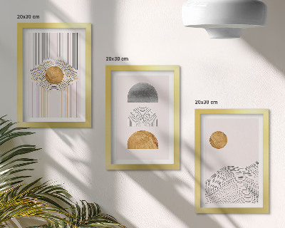Tríptico com moldura Formas e linhas abstratas em tons de bege e cinza.