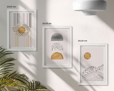 Tríptico com moldura Formas e linhas abstratas em tons de bege e cinza.