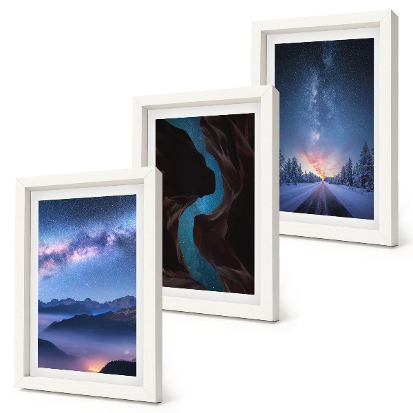 Conjunto de 3 quadros decorativos Céu noturno, montanhas, desfiladeiro e paisagem de inverno