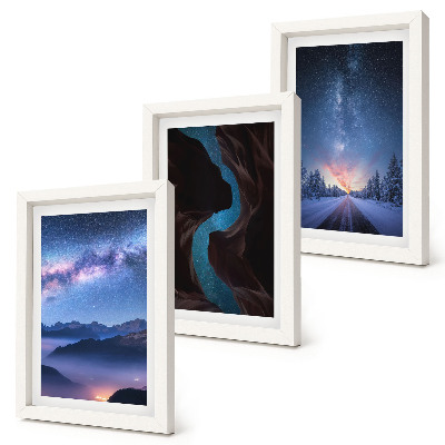 Conjunto de 3 quadros decorativos Céu noturno, montanhas, desfiladeiro e paisagem de inverno