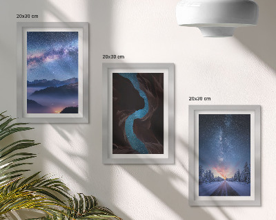Conjunto de 3 quadros decorativos Céu noturno, montanhas, desfiladeiro e paisagem de inverno