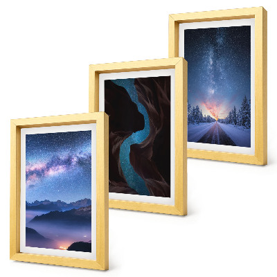 Conjunto de 3 quadros decorativos Céu noturno, montanhas, desfiladeiro e paisagem de inverno