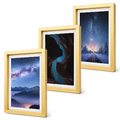 Conjunto de 3 quadros decorativos com paisagem de céu noturno, montanhas e desfiladeiro de inverno