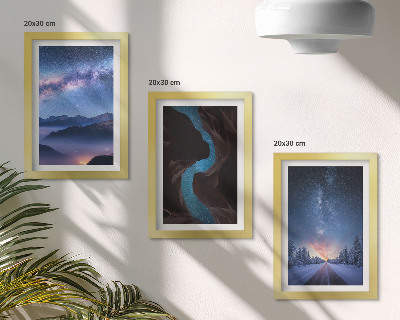 Conjunto de 3 quadros decorativos Céu noturno, montanhas, desfiladeiro e paisagem de inverno