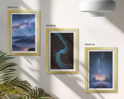 Conjunto de 3 quadros decorativos com paisagem de céu noturno, montanhas e desfiladeiro de inverno