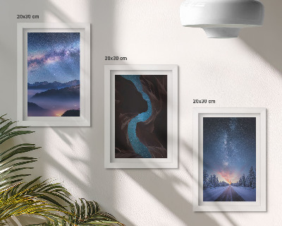 Conjunto de 3 quadros decorativos Céu noturno, montanhas, desfiladeiro e paisagem de inverno