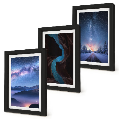Conjunto de 3 quadros decorativos Céu noturno, montanhas, desfiladeiro e paisagem de inverno