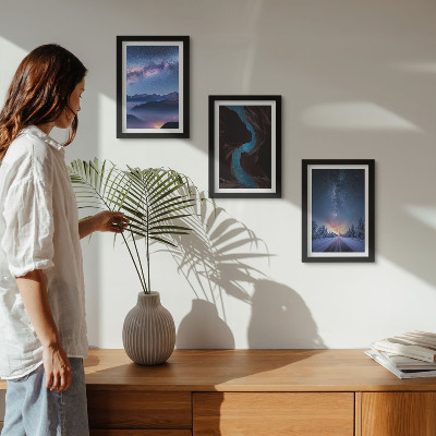 Conjunto de 3 quadros decorativos Céu noturno, montanhas, desfiladeiro e paisagem de inverno