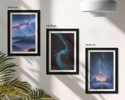 Conjunto de 3 quadros decorativos Céu noturno, montanhas, desfiladeiro e paisagem de inverno