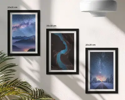 Conjunto de 3 quadros decorativos com paisagem de céu noturno, montanhas e desfiladeiro de inverno